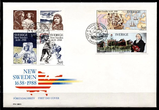 Eishockey. 350J. Gründung von Neu-Schweden. FDC+Beschreibung.FDC.Schweden 1988.