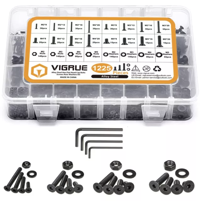 VIGRUE 1225PCS Metric M2 M3 M4 M5 Flat Hex Head Socket Cap Screws Alloy Steel Sm