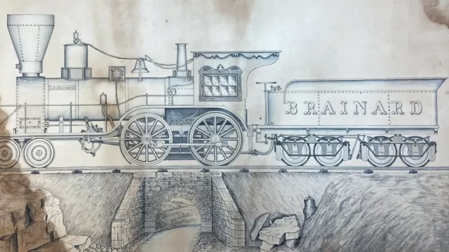 RARE - Drawing Painting - Watertown NY Railroad c 1850  Smith - Brainard Train