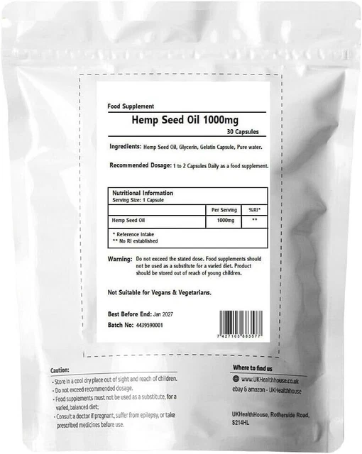 PURE HEMP SEED Oil Capsules 1000mg Omega 3 & 6 GLA Cold Pressed