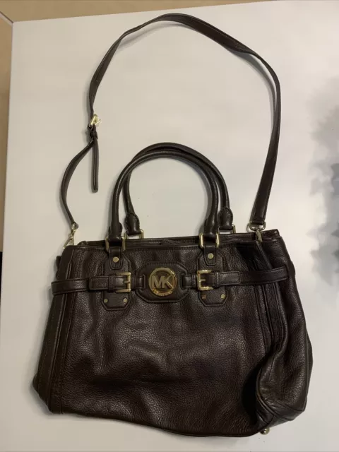 MICHAEL KORS BAG Hudson Dark Brown Soft Leather Belted Satchel DOUBLE HANDLE