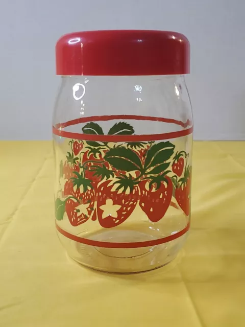 Vintage Strawberry Print Clear Glass Canister Twist Lid Storage Cottage Decor