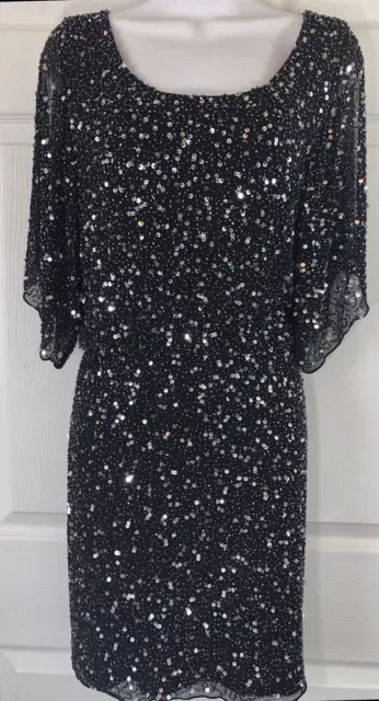Pisarro Nights Silk Cocktail Mini Dress Beaded Sequin Cold Shoulder Size 6