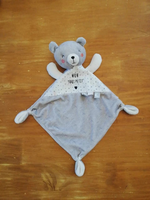 O/ Doudou Mots D'enfants Ours Plat Blanc Gris Étoiles Mon Tout Petit