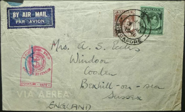 Malaya 3 Aug 1940 Kgvi Wwii Censored Airmail Cover From Singapore To England