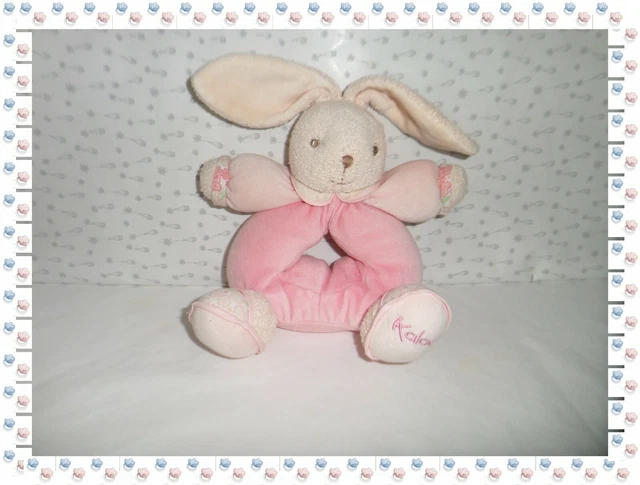 W  -  Doudou Lapin Boule Triangle  Lilirose Rose Blanc Fleurs Hochet  Kaloo