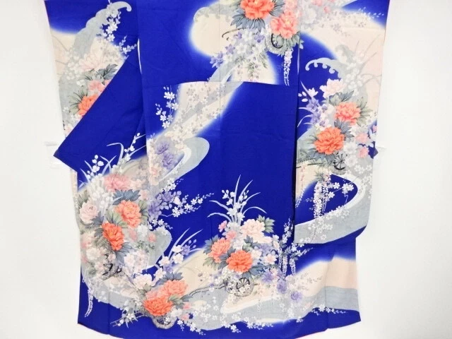 01202# Japanese Kimono / Antique Furisode / Embroidery / Rough Wave & Floral