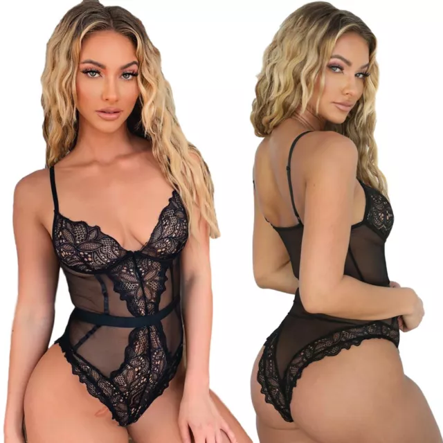 SEXY BODYSUIT TOP TEDDY SOTTOGIACCA PIZZO LACE NERO BLACK S-L