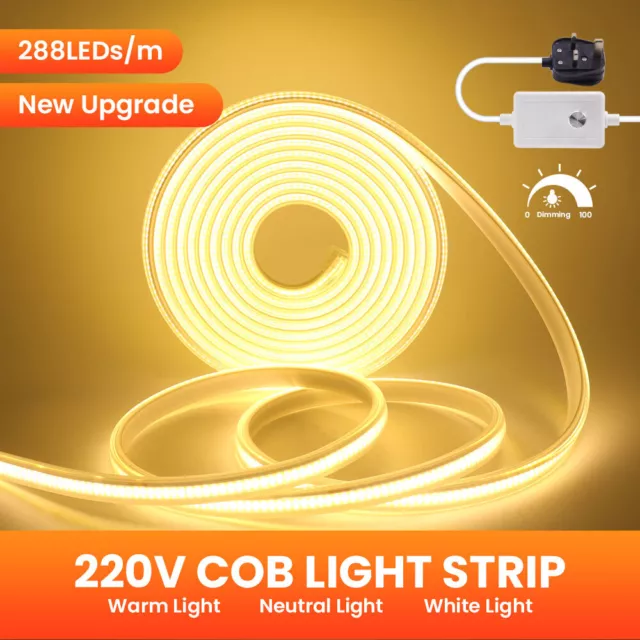 AC 220V-240V LED COB Strip Light Flexible Rope IP65 Waterproof +Dimmer UK Plug