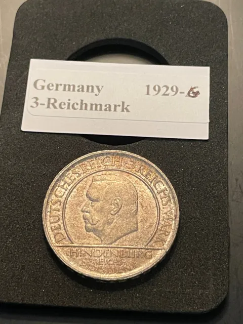 1929 G Germany 3 Mark Reichsmark World Silver Coin - Weimar Republic