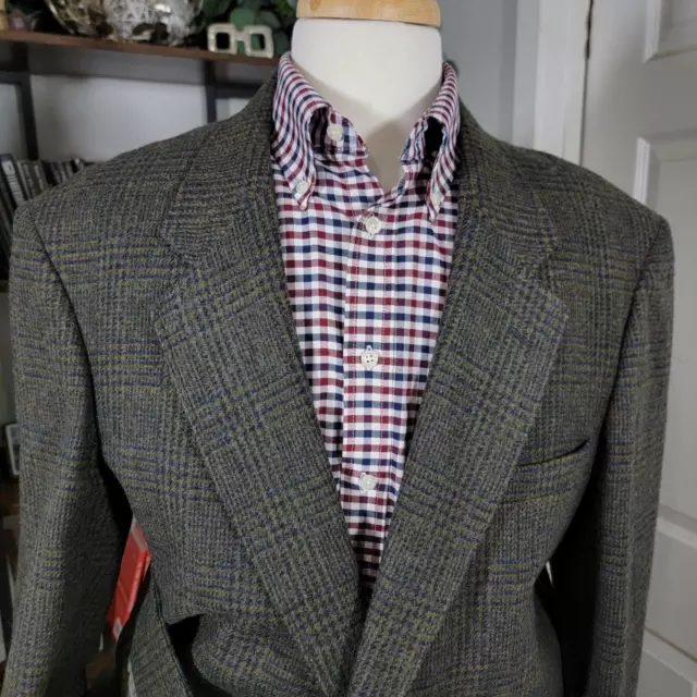 VTG Woolrich Loden Tweed Men's Sport Coat Two Button Green Blue Plaid Large Long 2