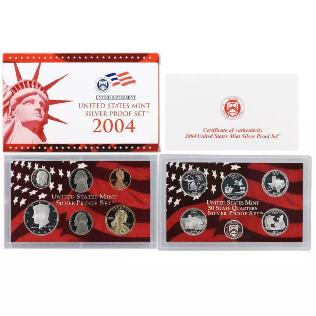 2004 S Proof Set NIB w/ COA 90% SILVER Quarters Kennedy Dime 11 coins US Mint