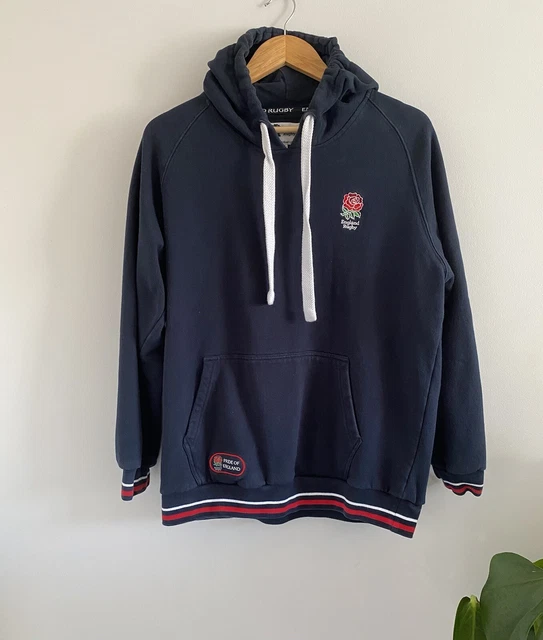 Felpa con cappuccio da uomo Inghilterra rugby blu navy maglione ricamato rosa grande L