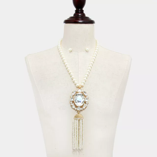 Ensemble collier perle cristal et gland crème déclaration bijoux de mode femme