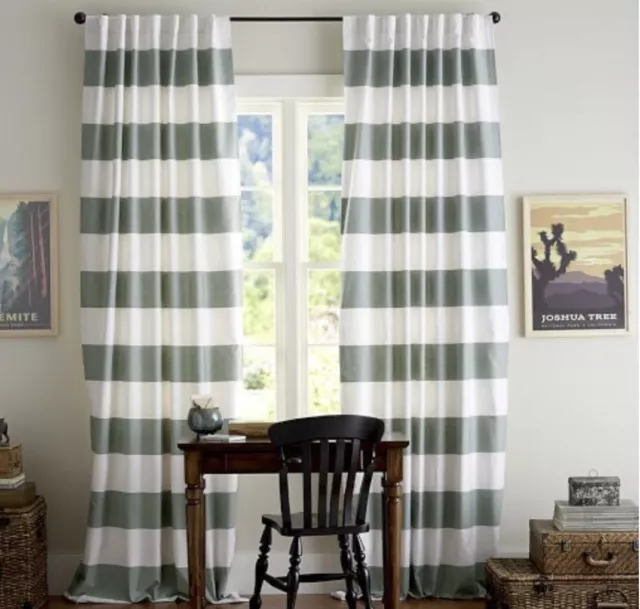 Pottery Barn Classic Stripe Cotton Lined Drape Curtains Porcelain Blue 50x96