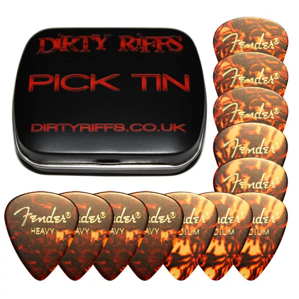 12 x Fender Celluloid Tortoiseshell Picks In A Handy Pick Tin - 4 Of Each Size