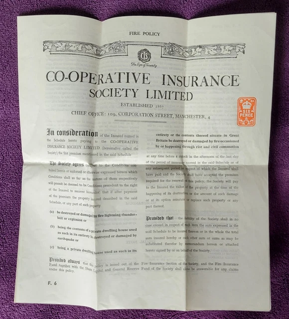 1958 COOPERATIVE INSURANCE Society Ltd Cert. Gibbs, Littlehampton Rd