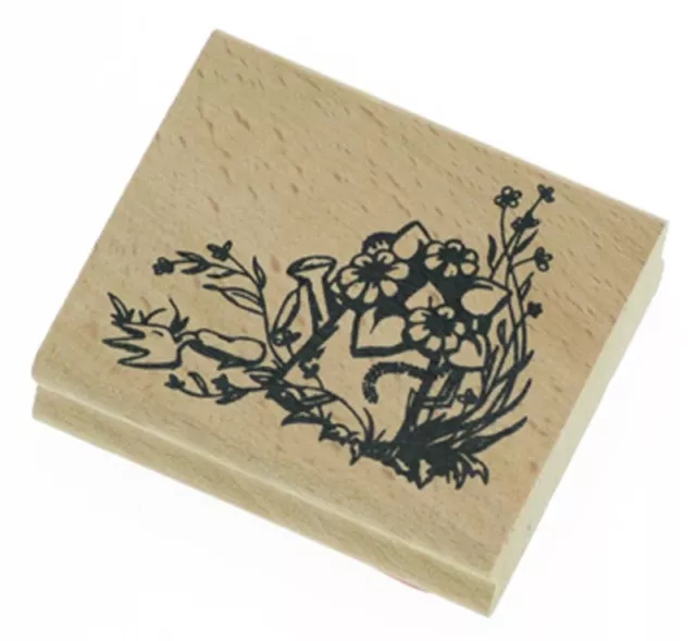 Watering Can and Flowers Rubber Ink Stamp on Beech Wood Block - Free UK P&P