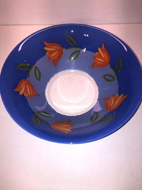 ARCOROC MATYS BLUE Glass Serving Bowl 10.75” Yellow & Orange Tulips France EUC