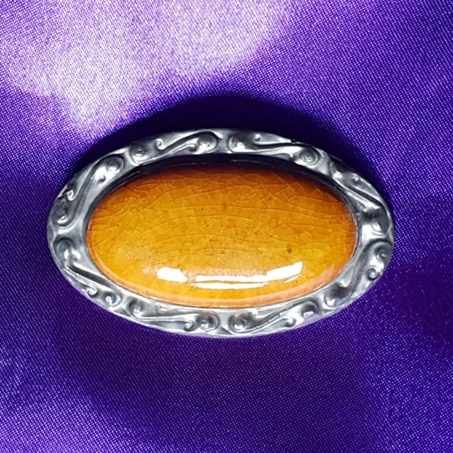 Vtg Ruskin Arts & Crafts Style Pewter & Pottery Amber Oval Brooch Art Nouveau