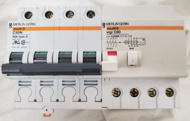 Merlin Gerin multi9 C60N 4 Pole 50Amp Breaker + vigi C60 Earth Leakage Module