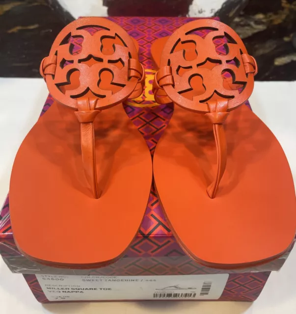 NEW TORY BURCH Miller Sweet Tangerine Square Toe Leather Sandals 7 1/2 ...