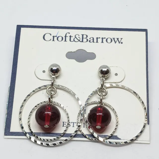 Croft & Barrow Silver-tone Double Hoop Red Bead Pierced Dangle Earrings NWT