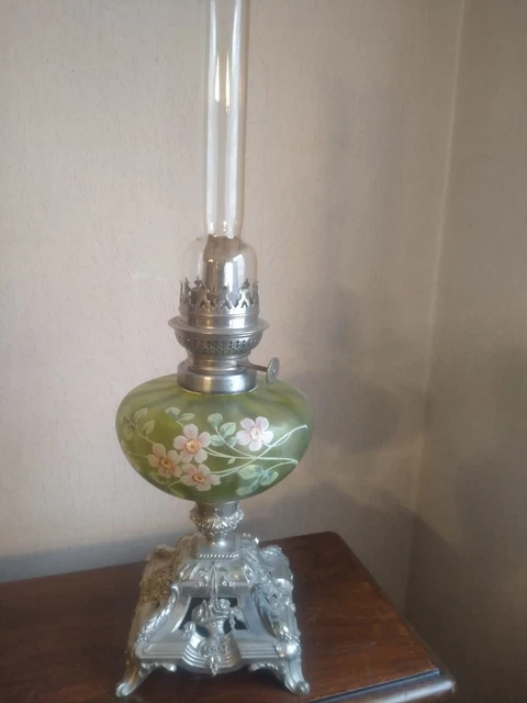 Lampe à Pétrole Ancienne Vers 1900 - Verre Turquoise, 8 Brûleurs Cosmos, Abat-jour Verre, Style Art Nouveau