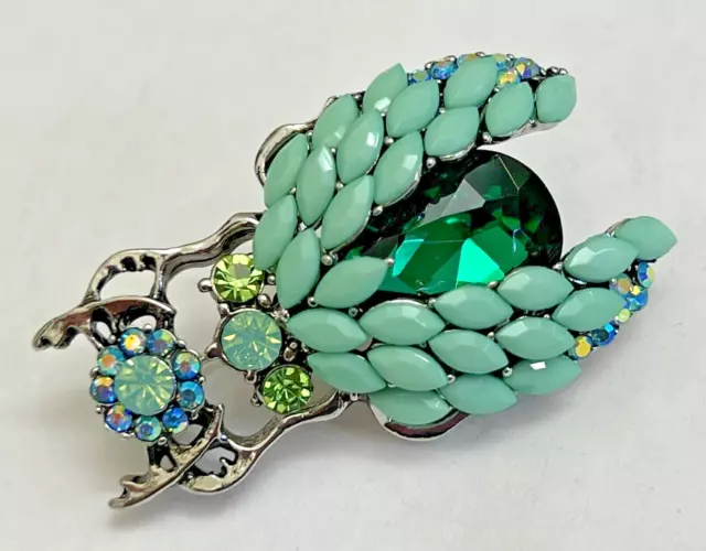 Aqua Blue Green AB Crystal Rhinestone Bee Insect Brooch Pin Bug Silver Tone Oval