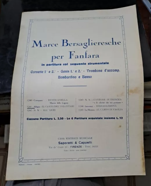 Marce Bersaglieresche Per Fanfara Partitura Spartito 1934 Trombone Cornette