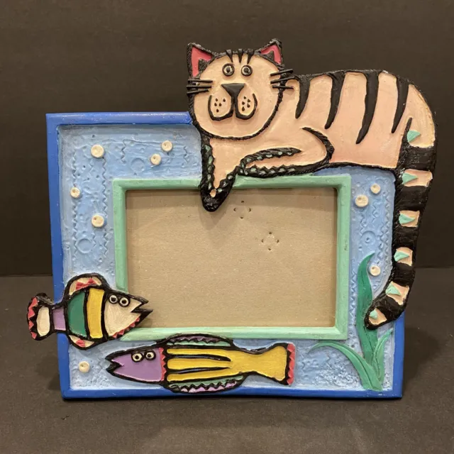 VTG 90s Heusso Cat & Fish Resin Photo Picture Frame 3 x 5" Colorful Kitschy Fun
