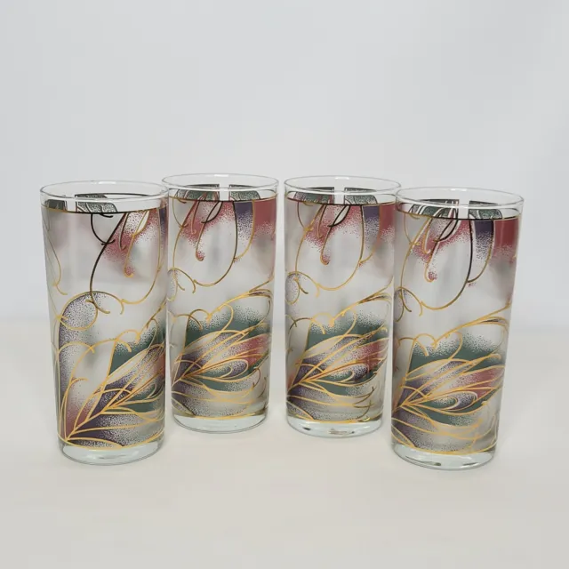 Set of 4 Vintage Culver Pink Purple Teal Gold Frosted Highball Cocktail Glasses