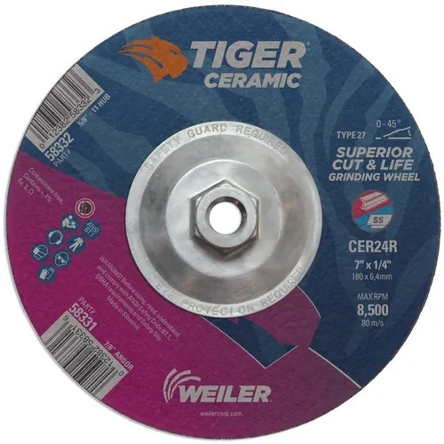 Weiler 58332 7" Grinding Wheel 1/4" 5/8-11A T27 24GR Ceramic