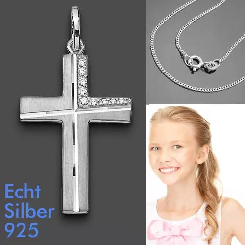 Pendentif croix premium zircone pour communion confirmation avec chaîne argent 925