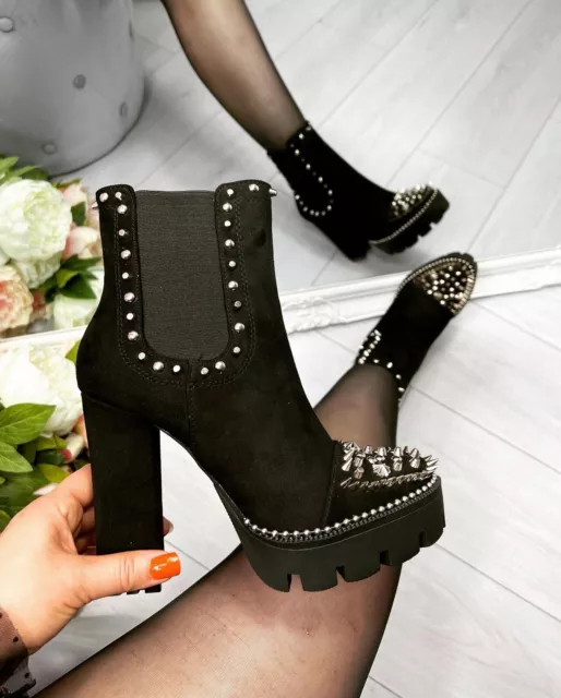 Women Ladies Ziped Ankle Boots Studed High Block Heel Office Platform Shoes Size