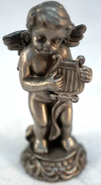 Solid Pewter Figurine Winged Semi Nude Cherub Playing a Harp