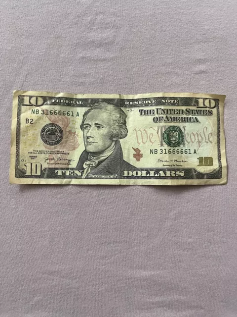 US Currency Paper Money Fancy Serial Number 31666661 $10 Ten Dollar Bill