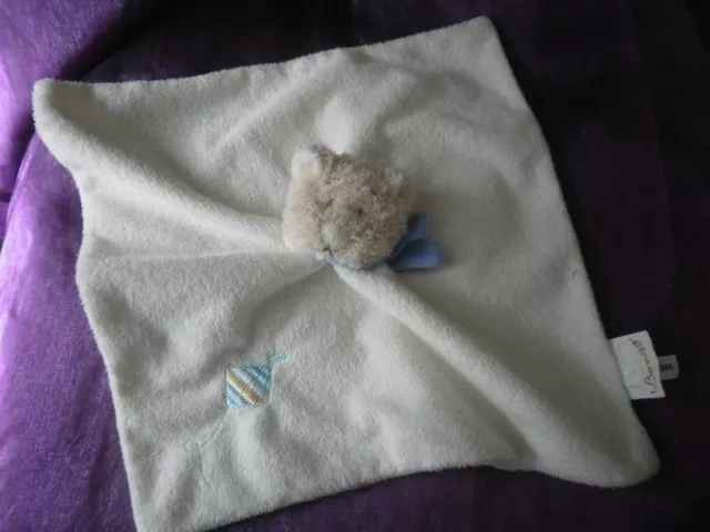 Doudou  ours plat blanc cerf volant bleu foulard BENGY comme neuf