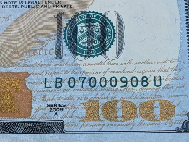 $100 Dollar Bill 2009A Fancy Serial Number ((07000908)) 5-of-a-kind "0"