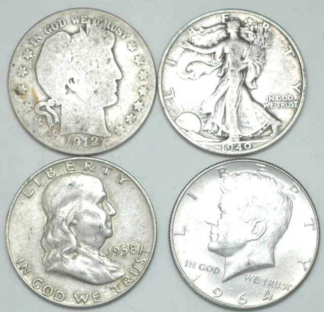 4 Silver half dollars Barber Walking Liberty Franklin Kennedy 1912-D 1940-P 1958