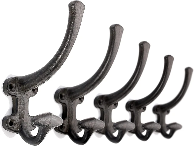 5-Pack Decorative Cast Iron Heavy Duty Double Wall Hooks, Vintage Hooks in Antiq
