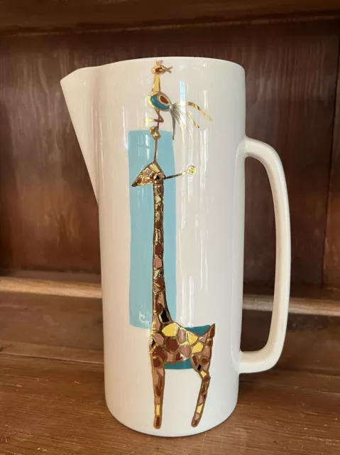 Vintage Hand Painted Ceramic Pitcher Vase Giraffe With Bird Gold Accents MCM