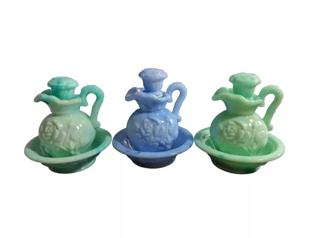 Vintage Avon 1978, 1 Blue 2 Green Slag Glass Victorian Style Pitchers Lot of 3