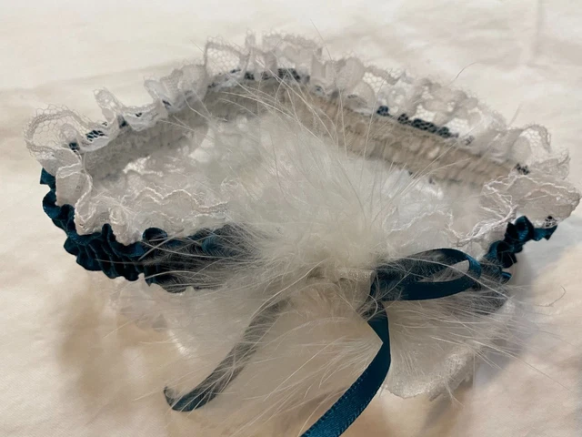 Vintage 1980's Bridal Wedding Leg Garter White Lace w/ Feathers & Green Trim