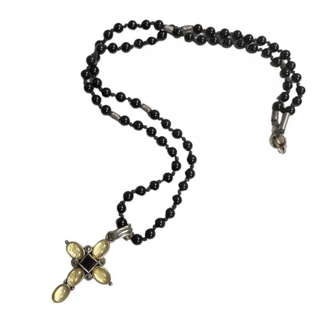 VINTAGE ROSARY STYLE Sterling Silver and Black Onyx Cross Necklace ...