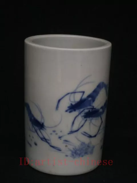 Collect China Old Blue and White Porcelain painting Shrimp Brush Pot Decoration