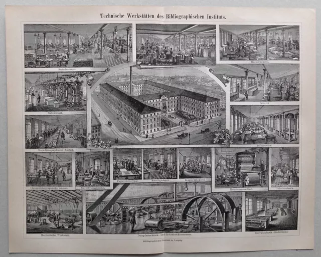 Leipzig - Werkstätten des Bibliographischen Instituts - Holzstich um 1898