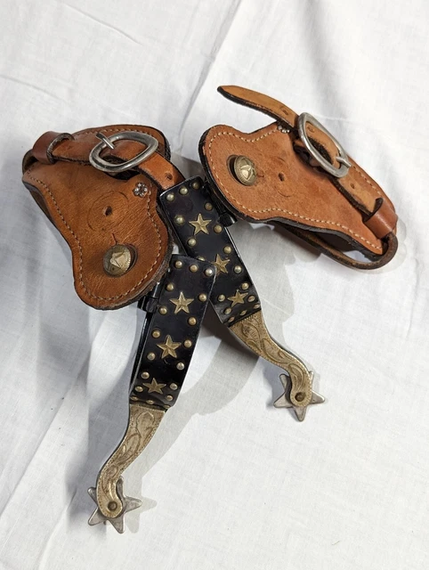Antique Cowboy Show Spurs Leather Stars Solid Beautiful Pair