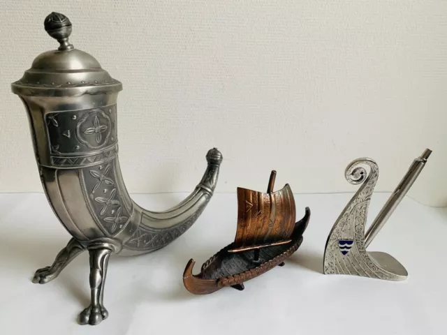 Set of3 Aksel Holmsen Pewter Drinking Horn Viking Boat and pen holder