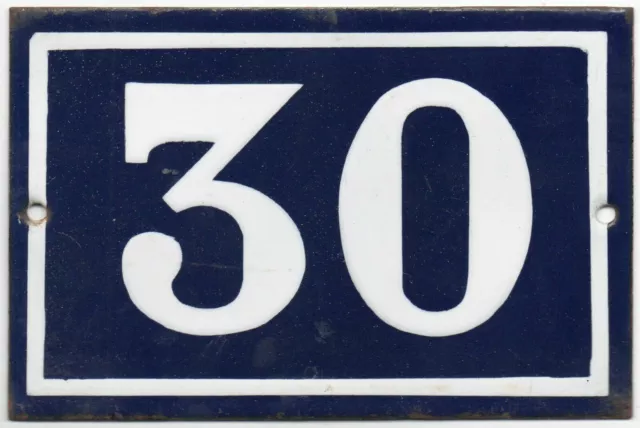 Old blue French house number 30 door gate plate plaque enamel steel metal sign